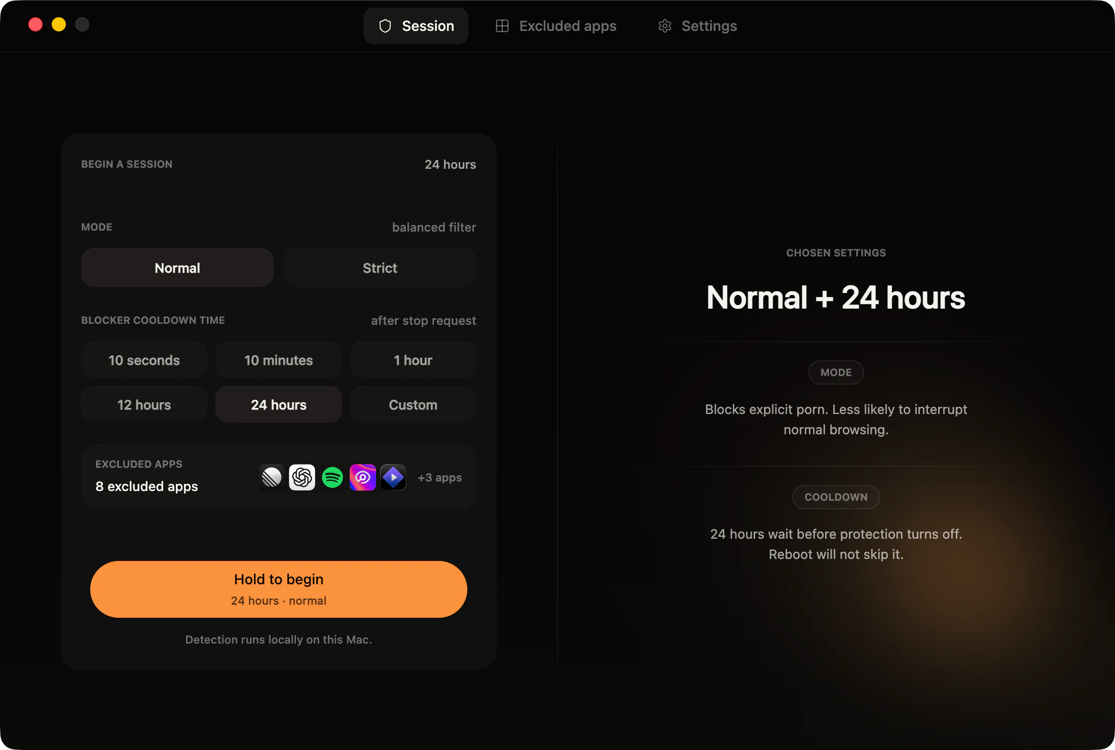 ZenView Mac session setup screen showing Normal mode, a 24 hour session, and excluded apps