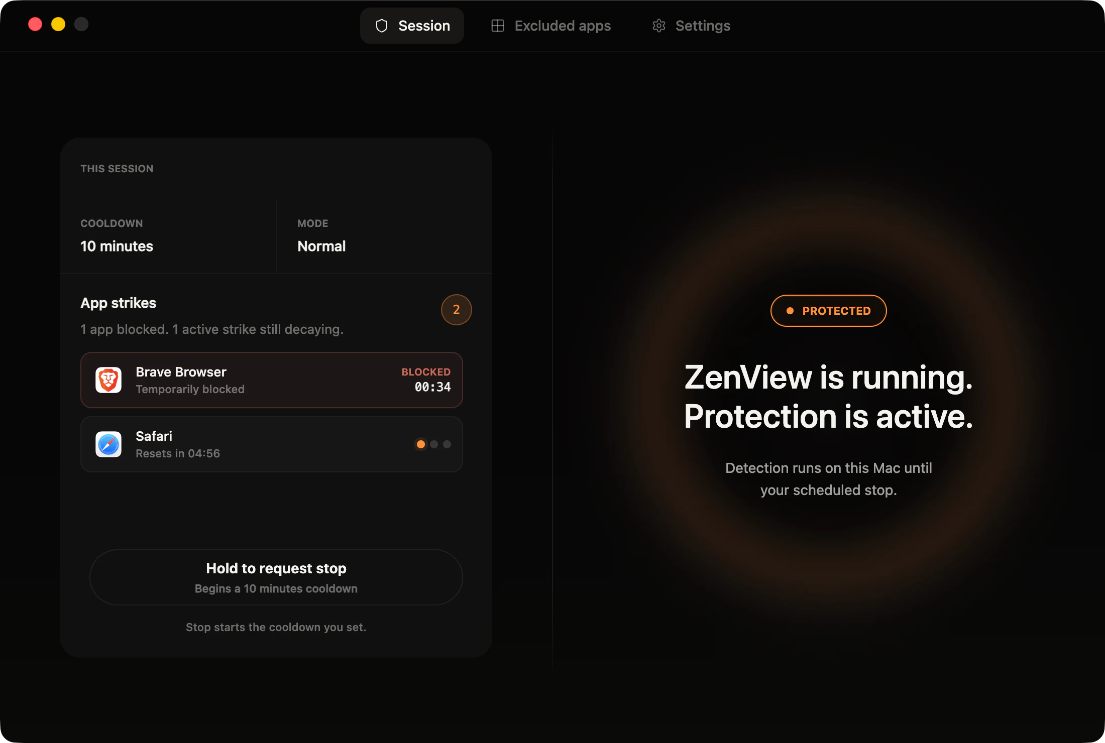 ZenView blocking screen showing Brave and Safari blocked while protection is active