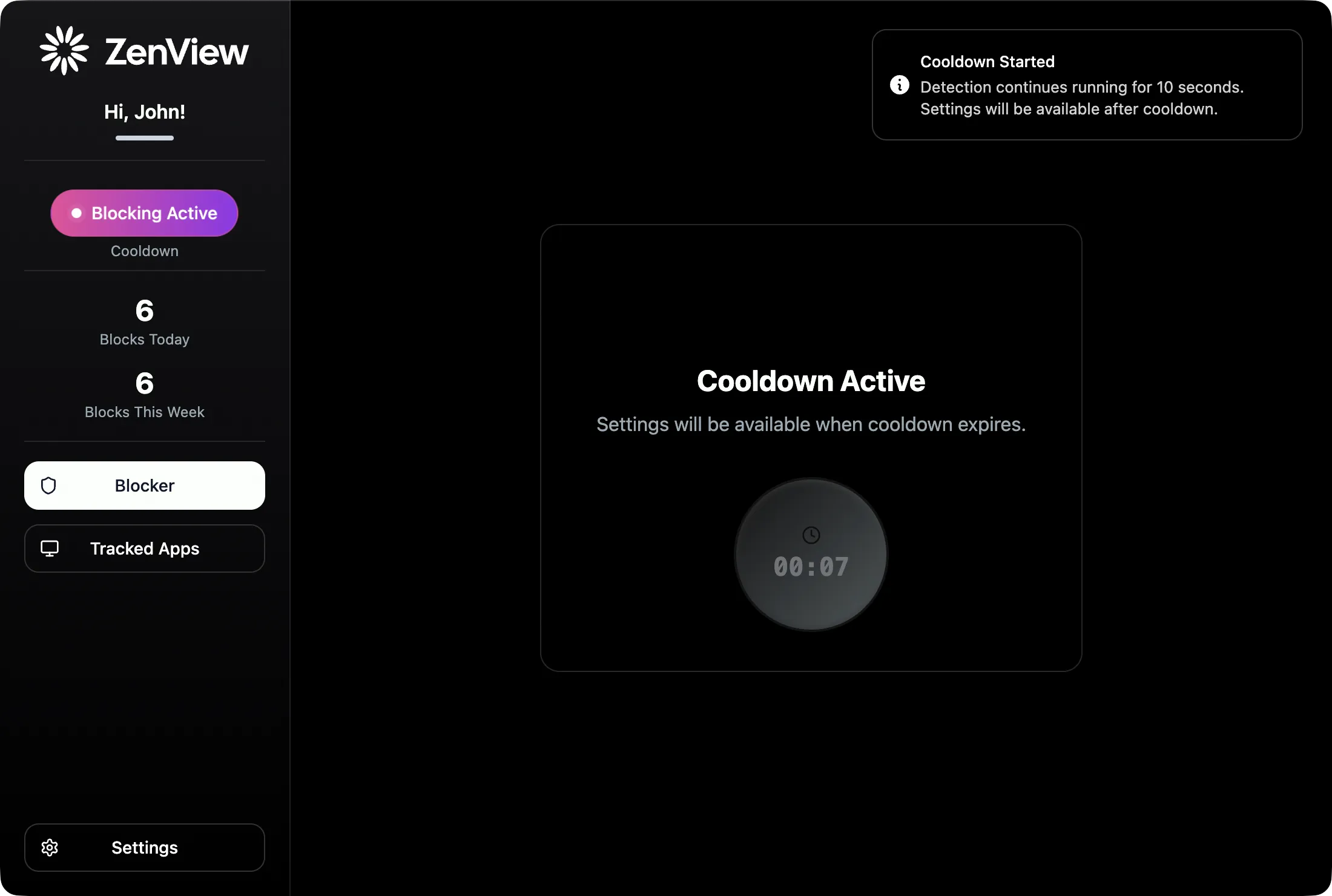 ZenView cooldown timer preventing impulsive disabling